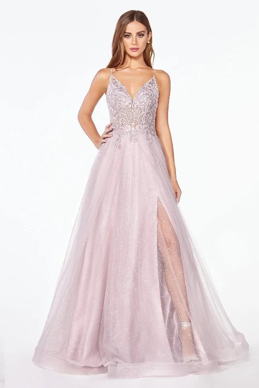 Cinderella Divine KC897 Long Prom Glitter Spaghetti Strap Formal Dress