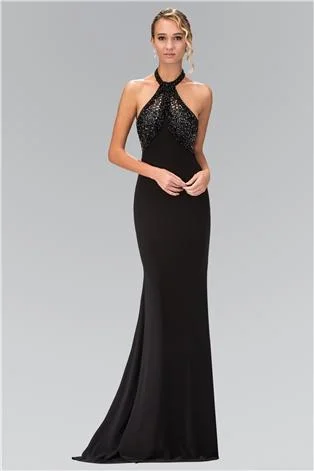 Elizabeth K - GL1330 Halter Neckline Beaded Black Gown