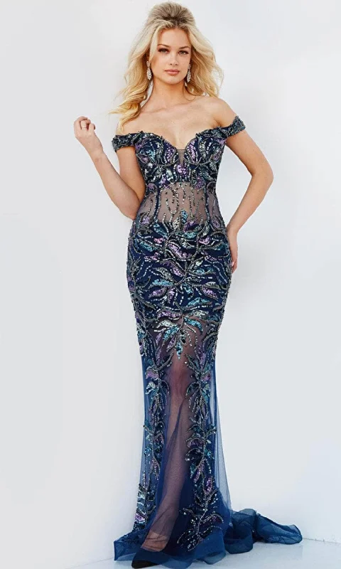 Jovani 23760 - Off Shoulder Beaded Translucent Gown