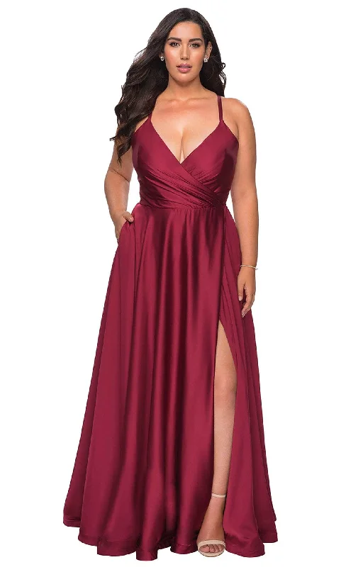 La Femme - 29033 Plunging V-neck Satin A-line Simple Prom Gown