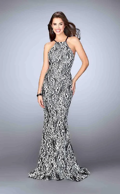 La Femme - 23848 Refined Contrast Lace Halter Long Evening Gown