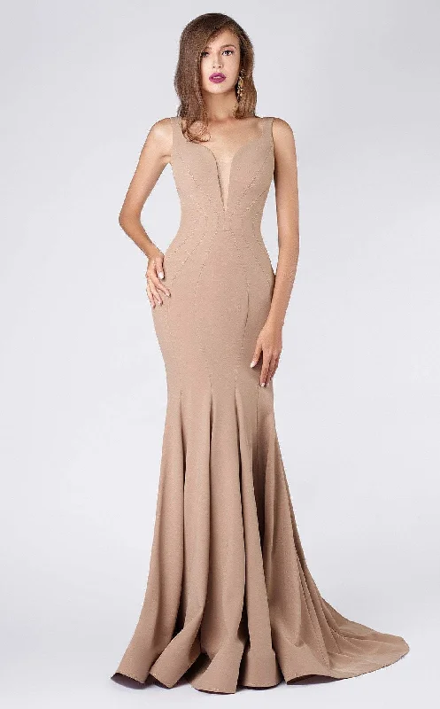 MNM Couture - M0008 Illusion V Neck Crepe Trumpet Evening Gown