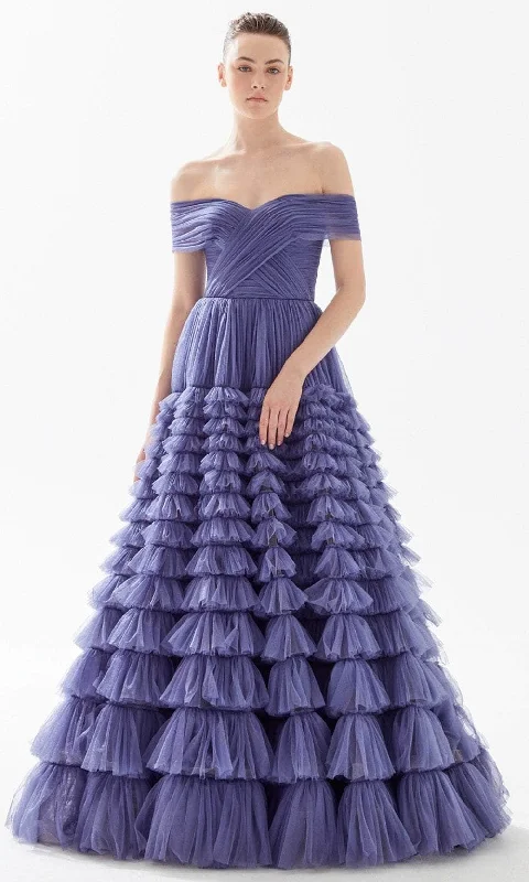 Tarik Ediz 98306 - Off Shoulder Tiered Tulle Evening Gown