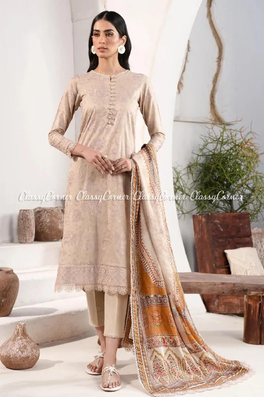 Beige Lawn Embroidered Pakistani Salwar Kameez