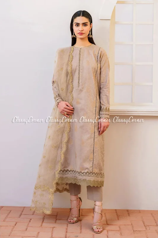 Beige Pakistani Jacquard Lawn Suit