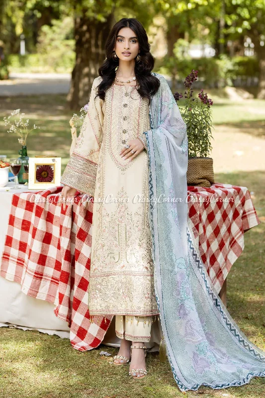 Beige Pakistani Lawn 3pc Suit