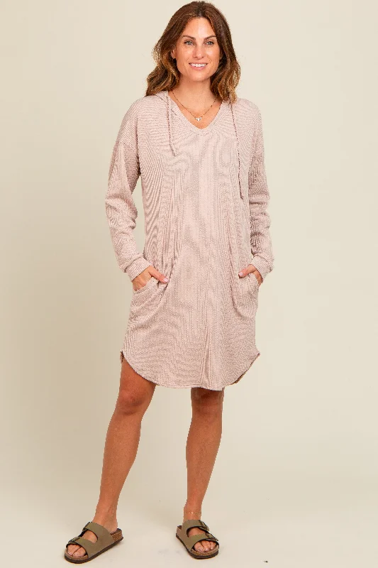 Beige Ribbed Hoodie Dress