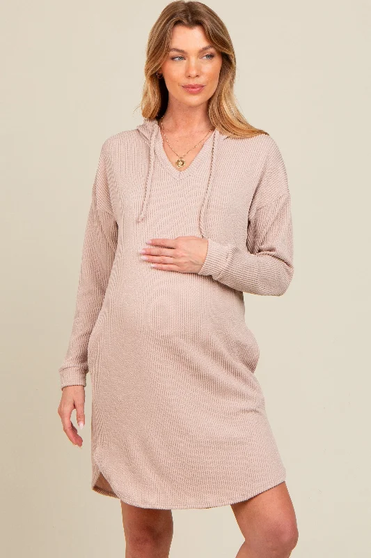 Beige Ribbed Hoodie Maternity Dress