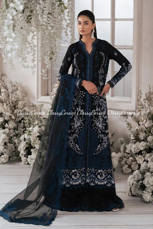 Black Blue Lawn Embroidered Formal Wear Sharara