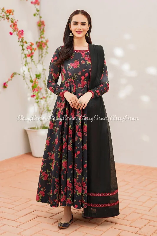 Black Red 3pc Lawn Frock Dress