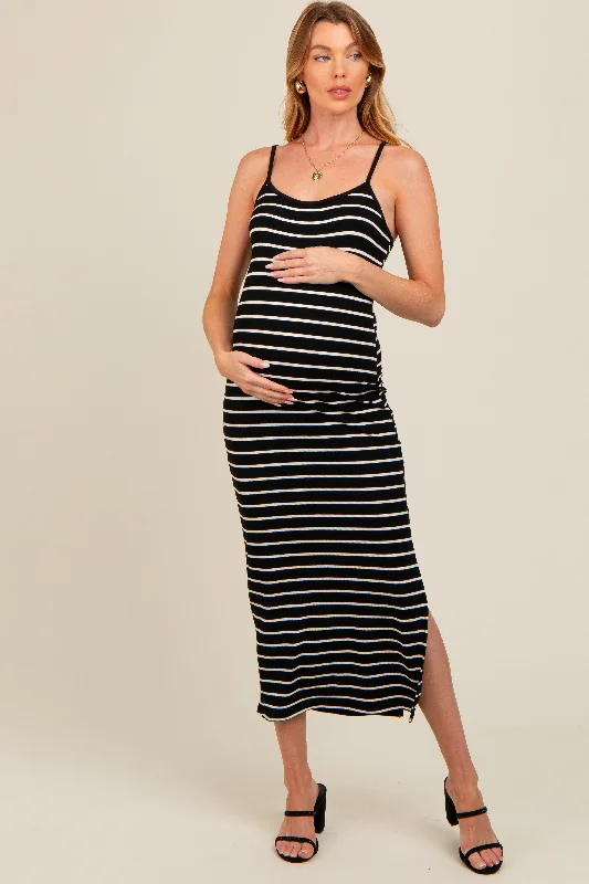 Black Striped Ribbed Adjustable Strap Body Con Maternity Dress