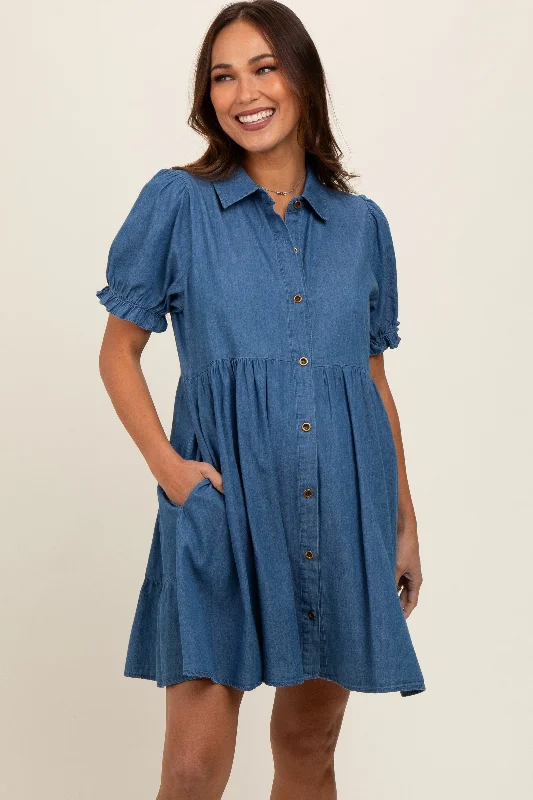 Blue Chambray Puff Sleeve Button Down Maternity Dress