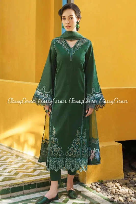 Bottle Green Lawn Readymade Suit