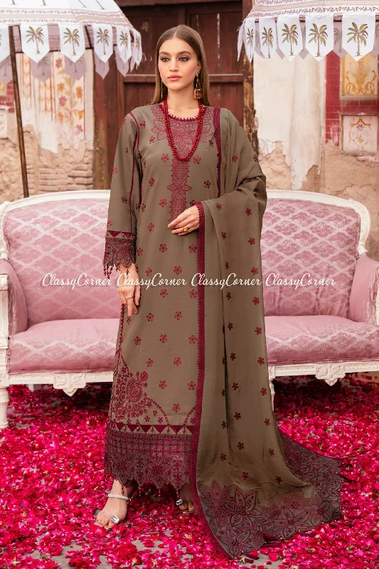 Brown Red Embroidered Lawn Salwar Kameez