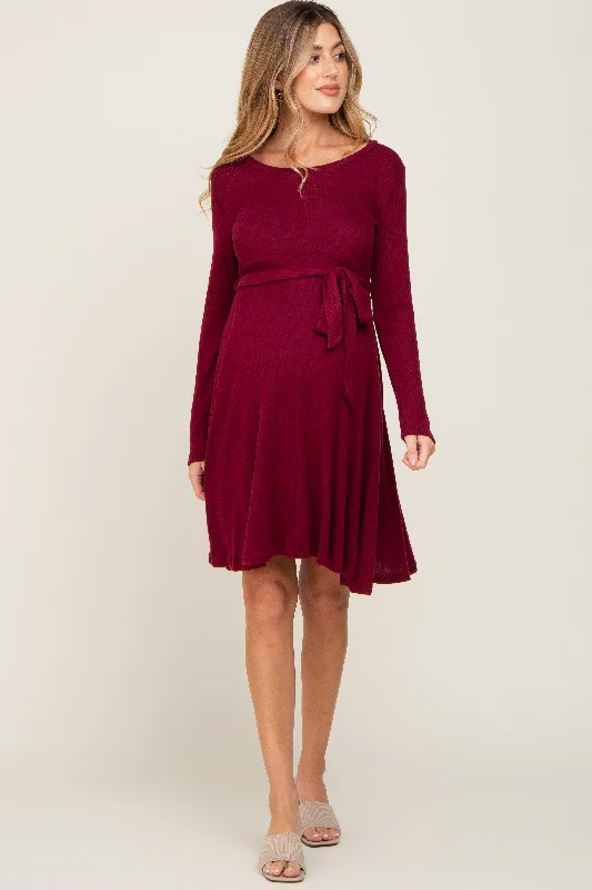 Burgundy Soft Rib Knit Sash Tie Maternity Dress