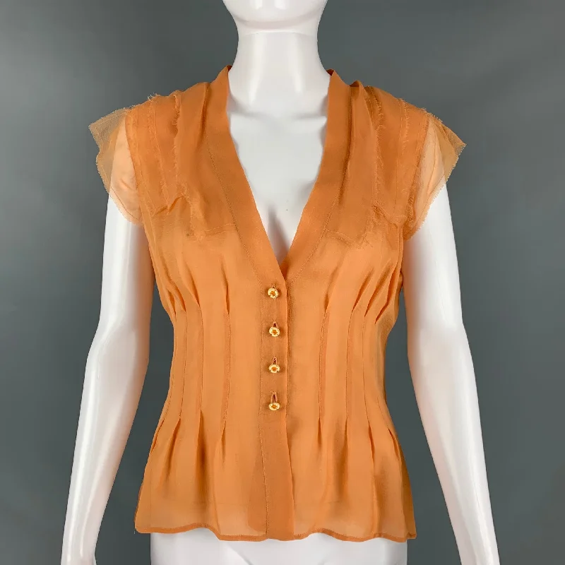 CHANEL P23066V12596 Size 8 Orange Silk Pleated Sleeveless Dress Top