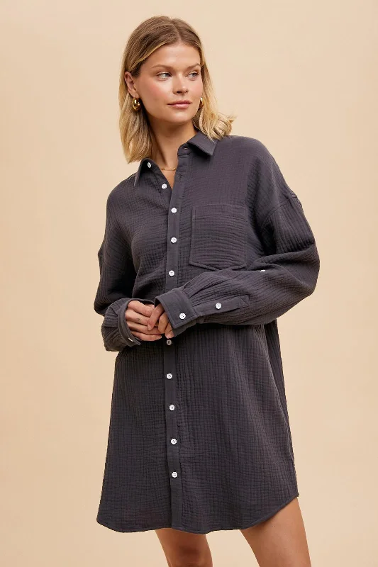 Charcoal Rolled Cuff Button Down Dress