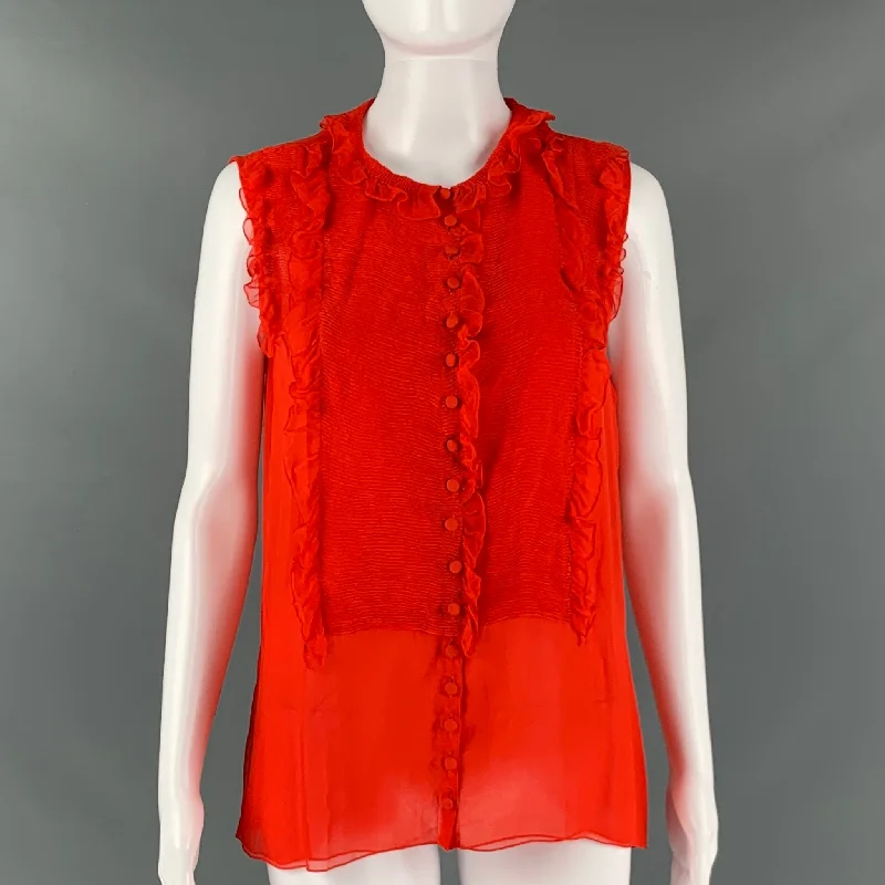 CHLOE Size 8 Red Silk Ruffled Sleeveless Dress Top