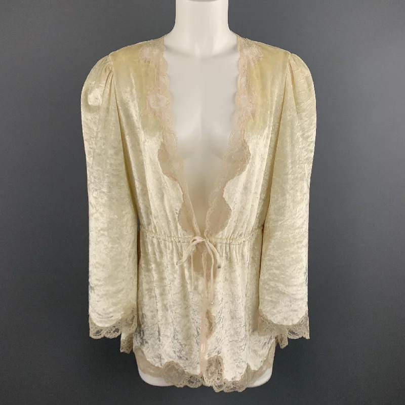 CHRISTIAN DIOR Size M Cream Crushed Velvet Lce Trim Cropped Robe Top