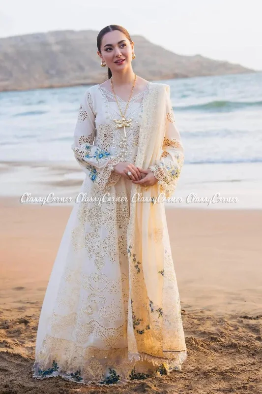 Cream White Schiffli Lawn Pakistani Suit