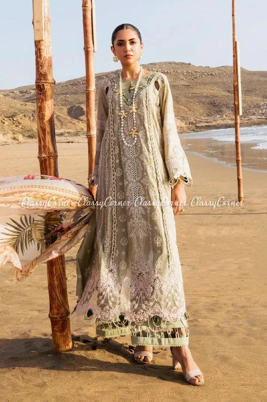 Dark Beige Schiffli Lawn Formal Wear Suit