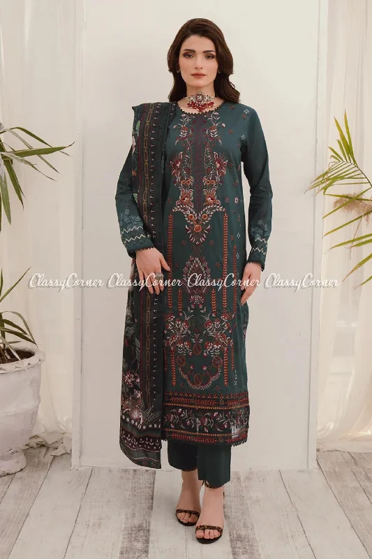 Dark Green Lawn Semi Formal Suit