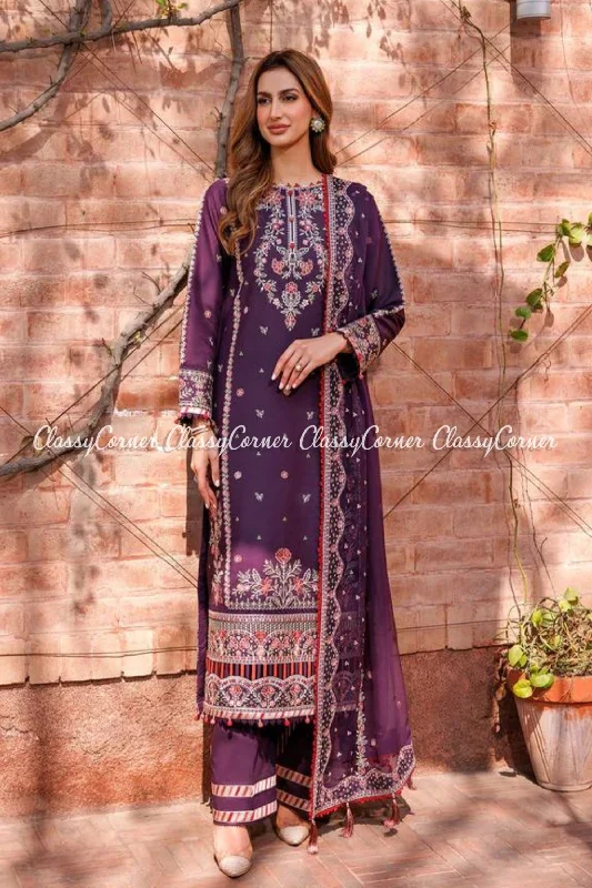 Dark Purple Lawn Embroidered Pakistani Suit