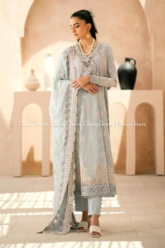 Dove Grey Lawn Pakistani Suit