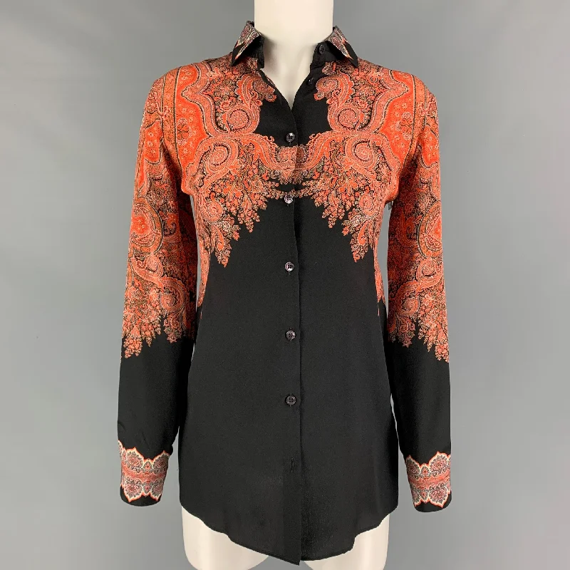 ETRO Size 2 Orange Black Silk Paisley Blouson Dress Top