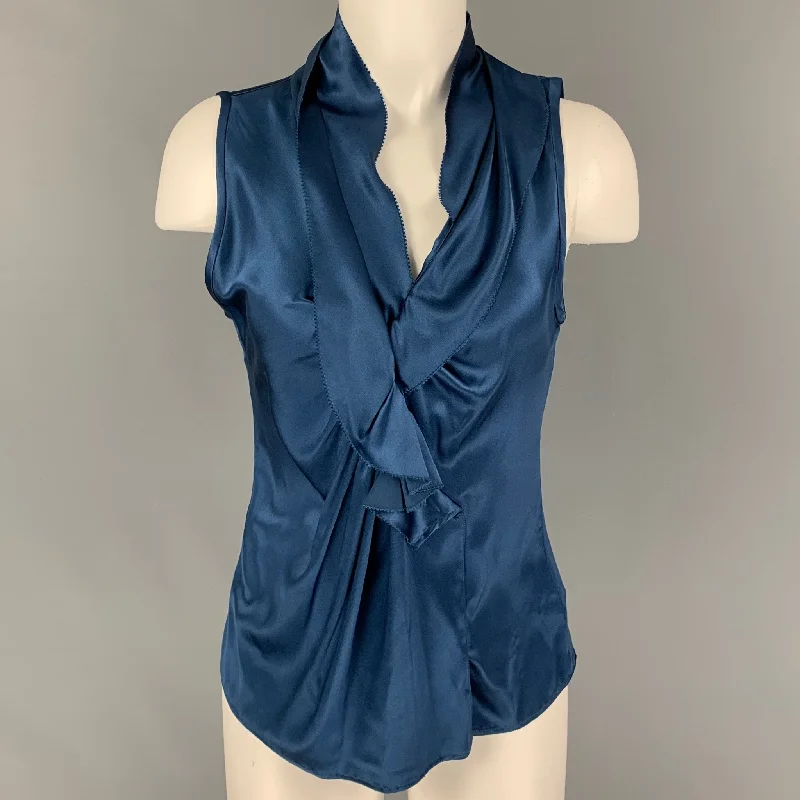 ETRO Size 4 Blue Silk Ruffled Sleeveless Dress Top