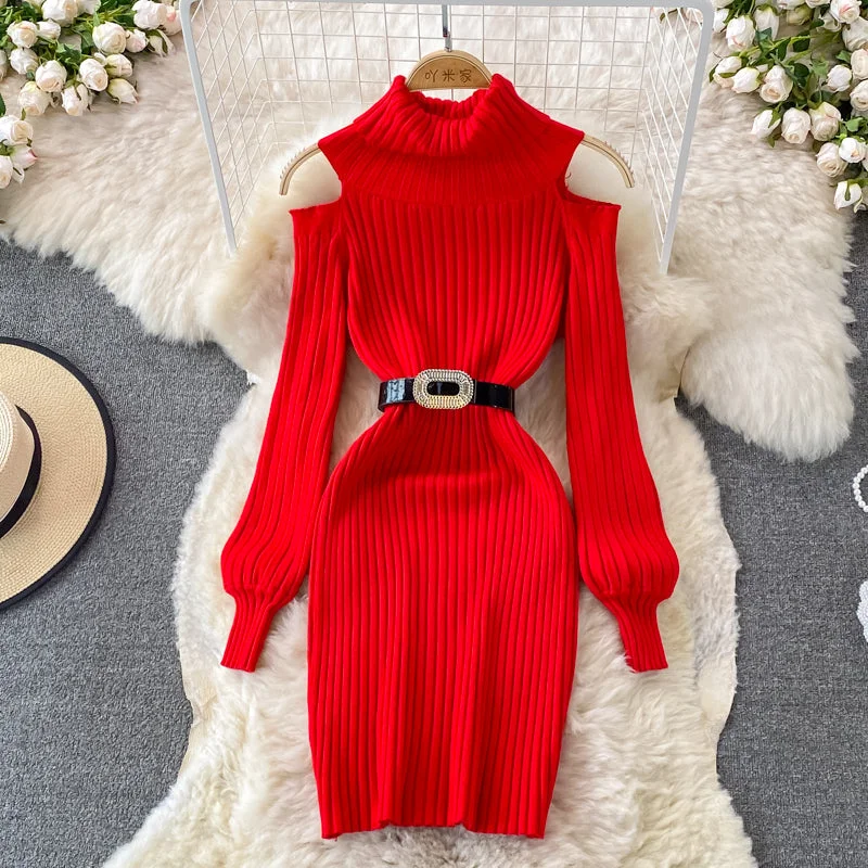 Fashion high neck off shoulder knitted dress  3383