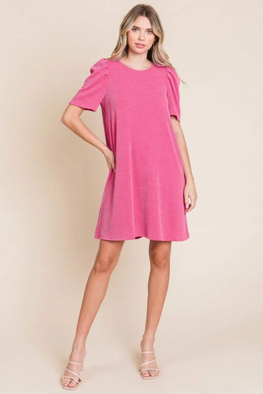 Fuchsia Washed Ribbed Puff Sleeve Dress