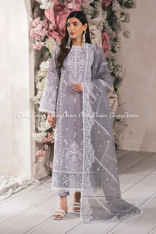 Grey White Embroidered Lawn Pakistani Suit