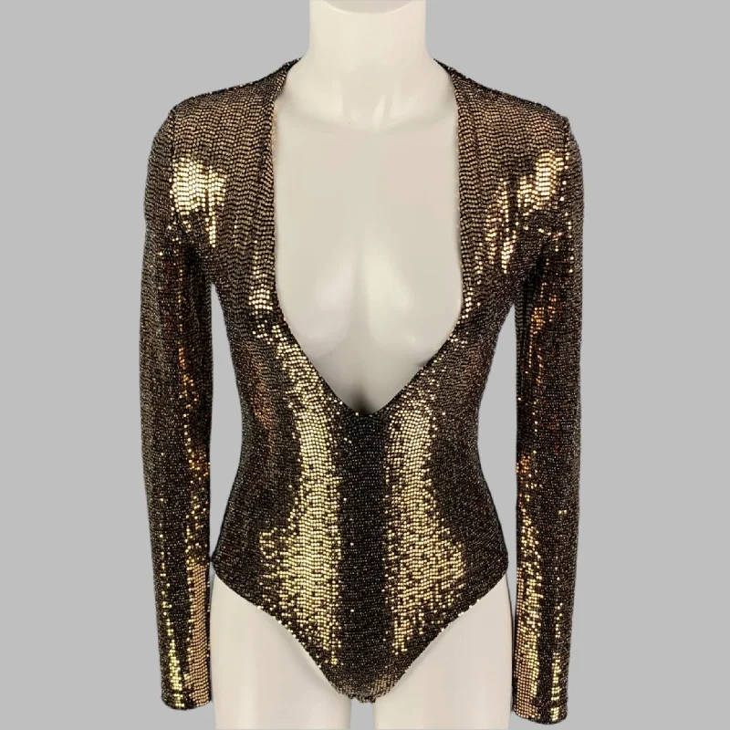 GUCCI Size S Gold Black Polyamide Blend Metallic Body Suit Dress Top