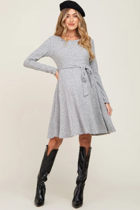 Heather Grey Soft Rib Knit Sash Tie Maternity Dress