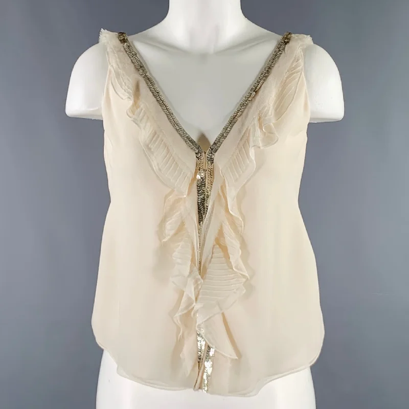 J.MENDEL Size 6 Cream Silk Ruffled Sleeveless Dress Top