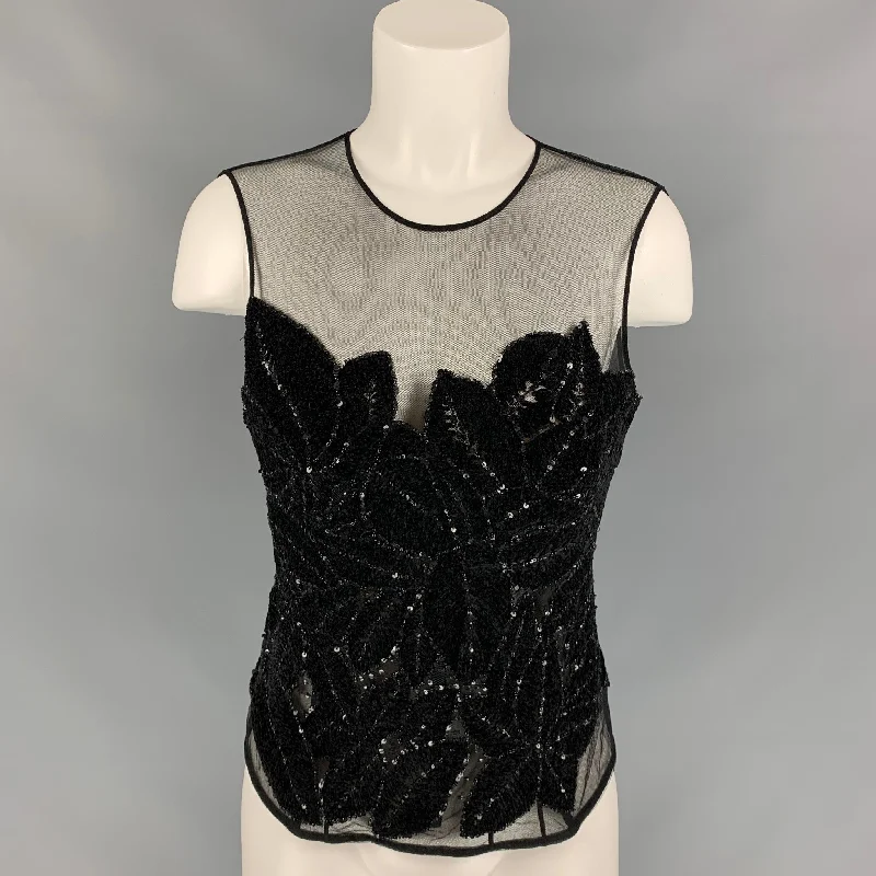 LA PERLA Size 8 Black Polyurethane Blend Velvet Beaded Dress Top