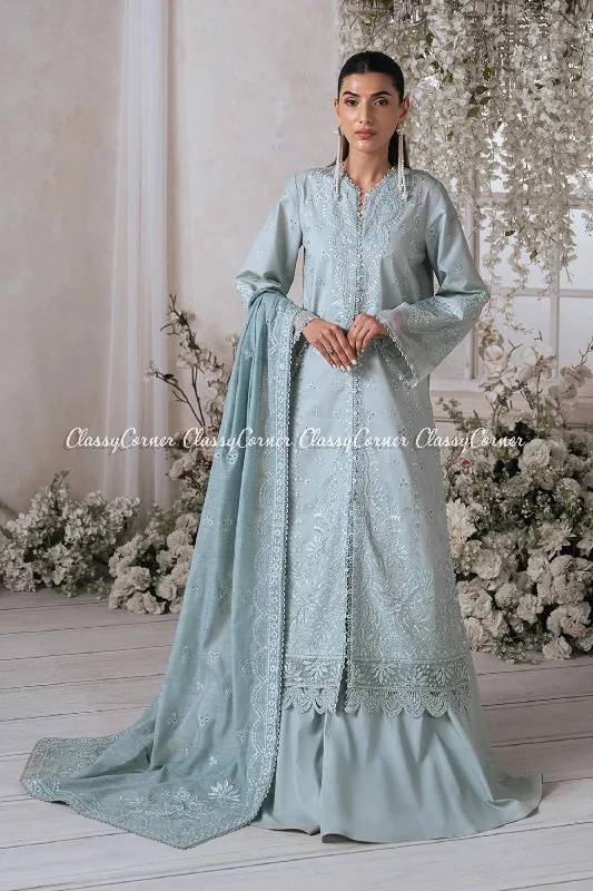 Light Blue Lawn Embroidered Pakistani Sharara