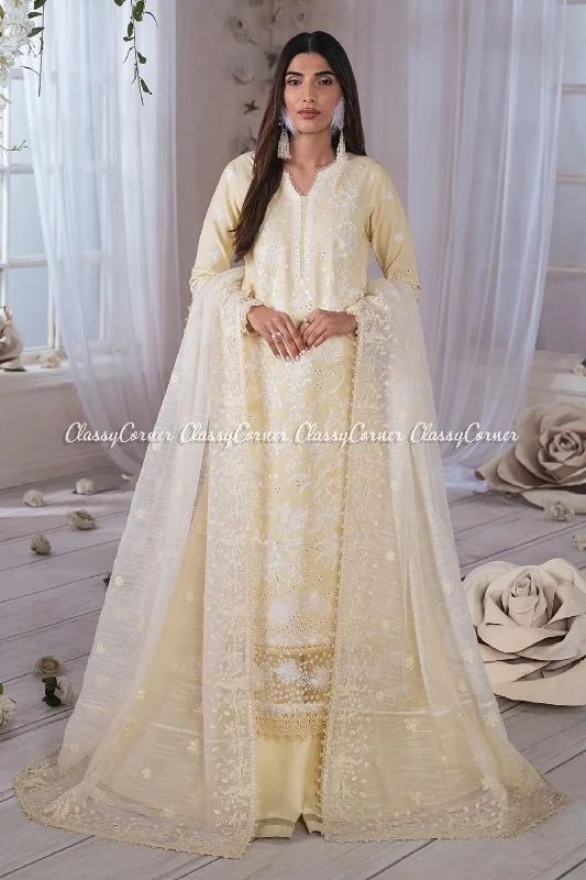 Light Yellow Embroidered Lawn Sharara