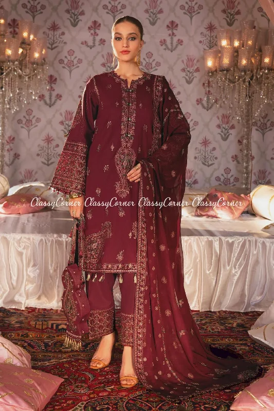 Maroon Lawn Embroidered Pakistani 3pc Suit