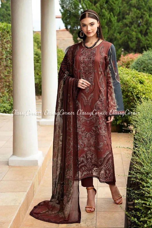 Maroon Lawn Embroidered Pakistani Suit