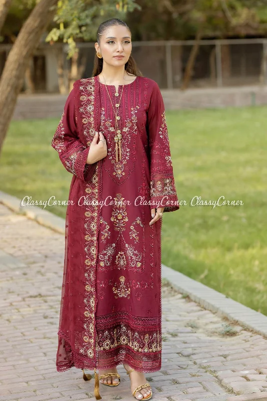 Maroon Lawn Pakistani 3PC Suit