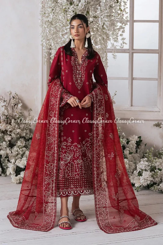 Maroon White Embroidered Lawn 3pc Suit