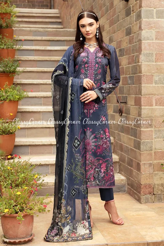 Midnight Blue Lawn Embroidered Salwar Kameez