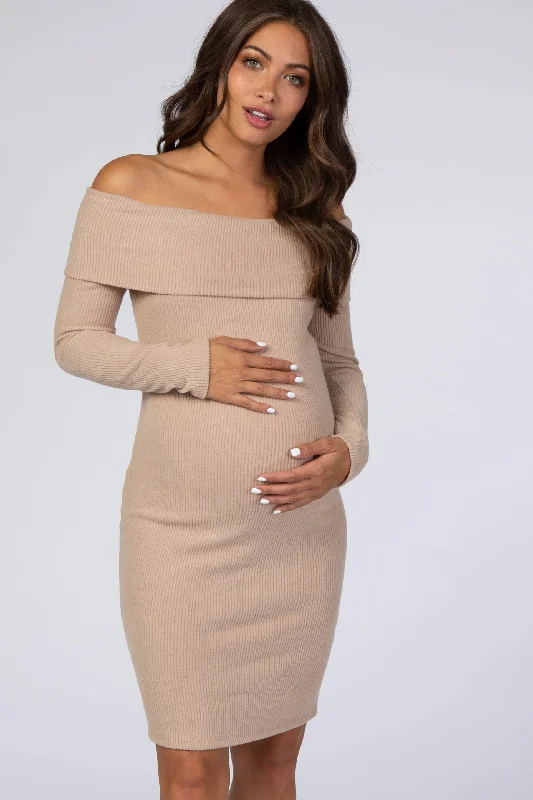 Mocha Soft Ribbed Folded Neck Off Shoulder Maternity Dress