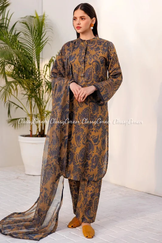 Mustard Black Semi Formal Lawn Suit