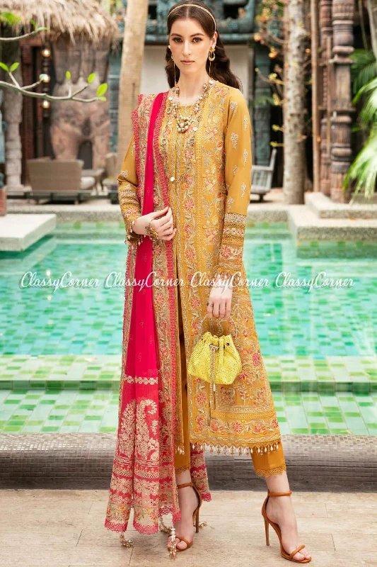 Mustard Yellow Lawn Embroidered Salwar Kameez