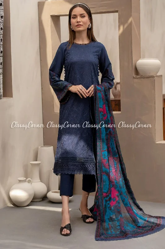 Navy Blue Lawn Salwar Kameez