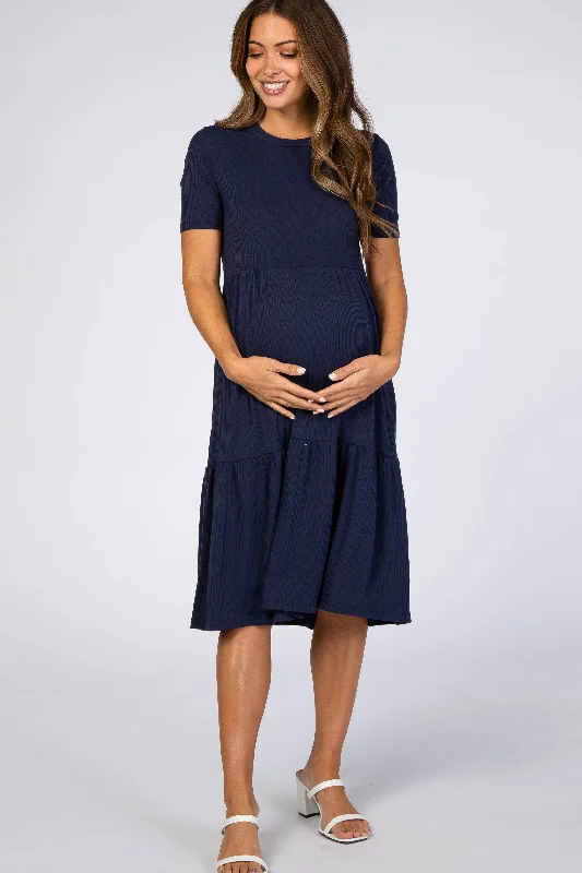 Navy Blue Ribbed Tiered Maternity Dress