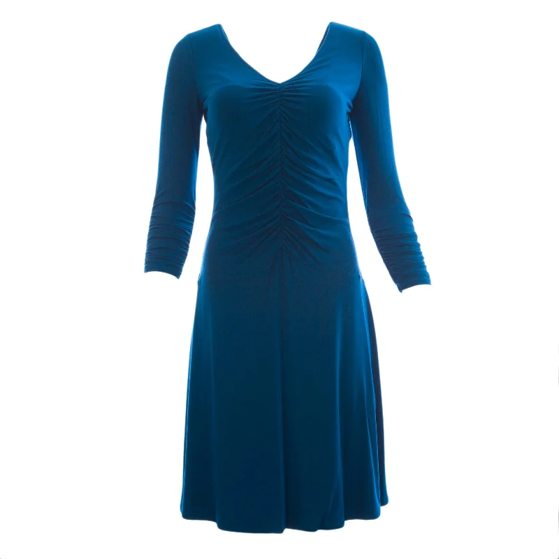 NUE by Shani Women's Peacock Blue V-Neck Ruched Dress S257 $250 NWT